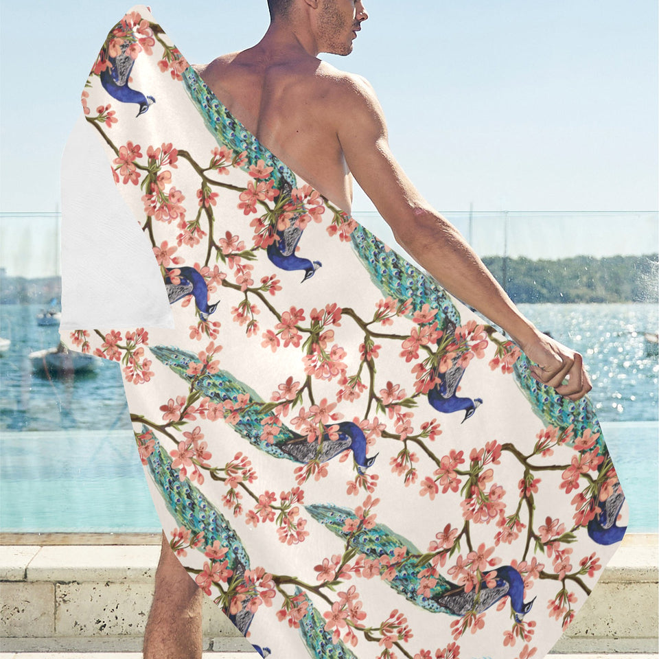 Peacock tropical flower pattern Beach Towel