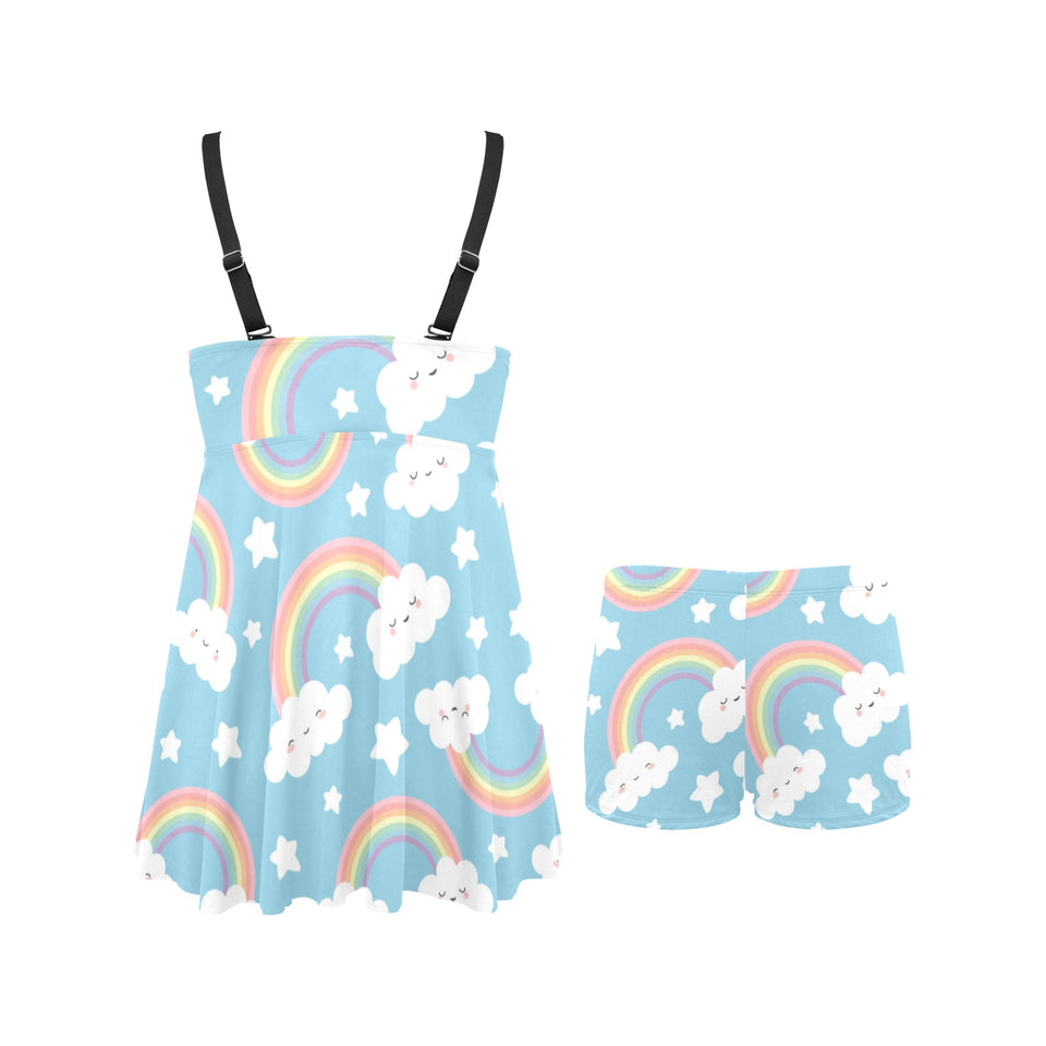 Cute rainbow clound star pattern blue background Chest Sexy Pleated Two Piece Swim Dress