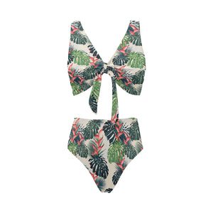 heliconia flowers, palm and monstera leaves Chest Bowknot High Waisted Bikini Swimsuit