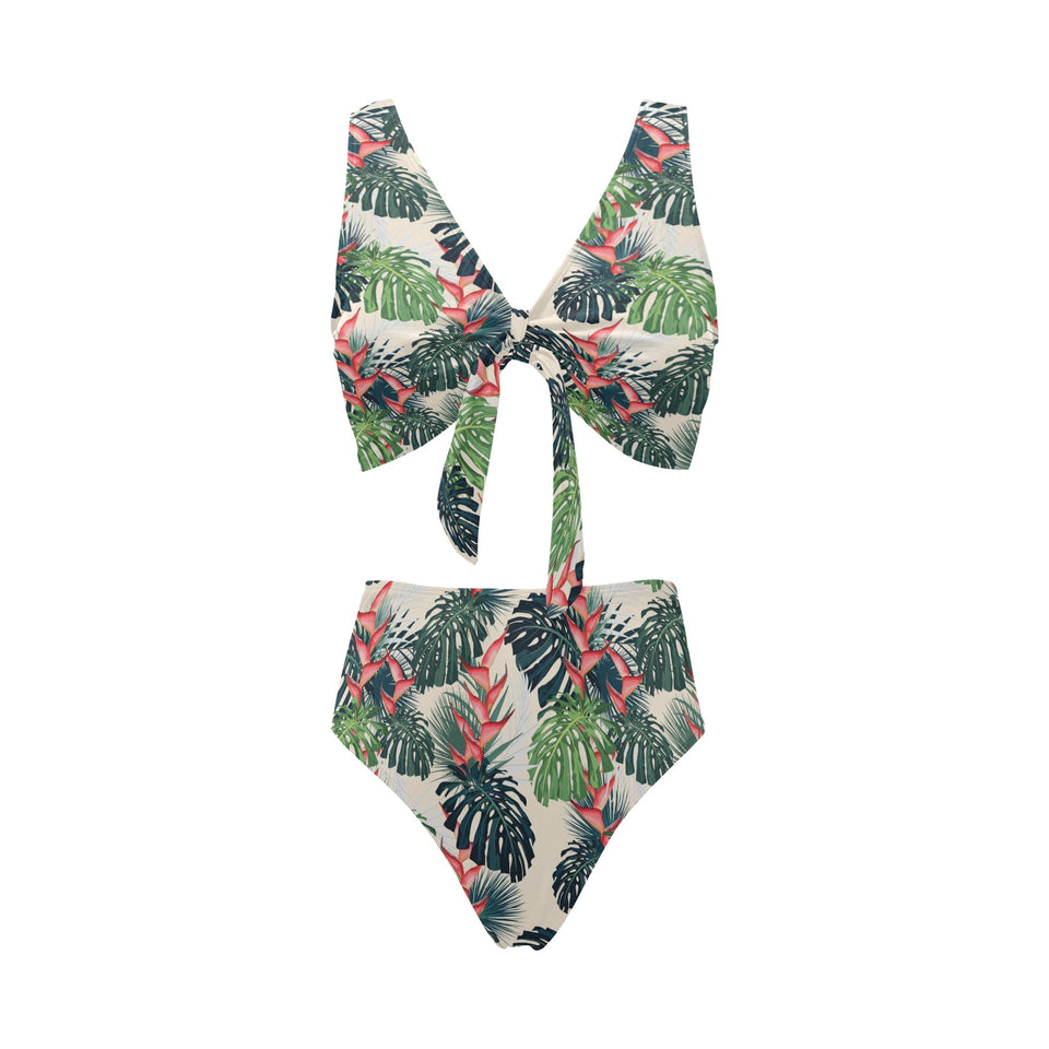 heliconia flowers, palm and monstera leaves Chest Bowknot High Waisted Bikini Swimsuit
