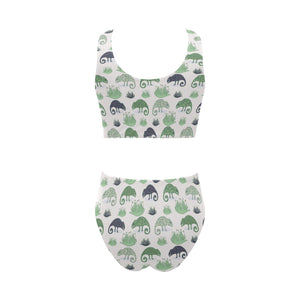 Chameleon lizard succulent plant pattern Chest Bowknot High Waisted Bikini Swimsuit