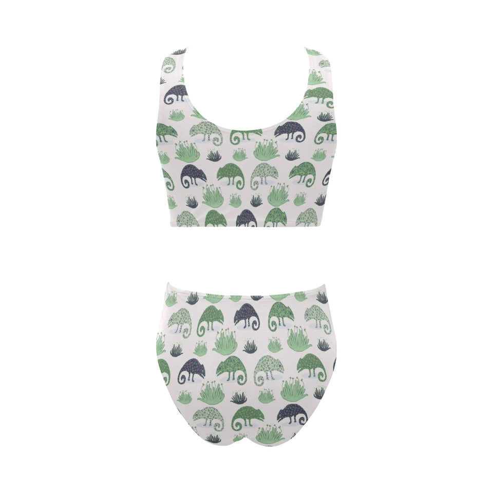 Chameleon lizard succulent plant pattern Chest Bowknot High Waisted Bikini Swimsuit