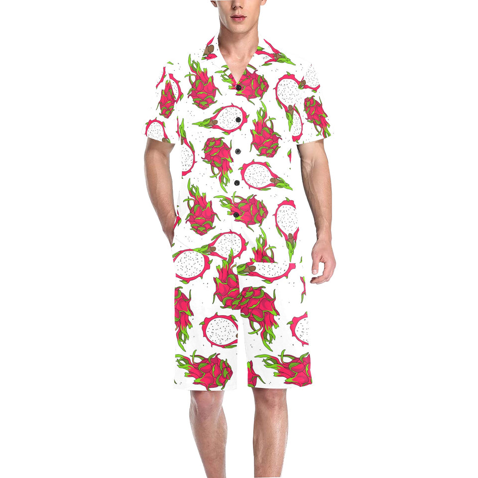 dragon fruits white background Men's V-Neck Short Pajama Set
