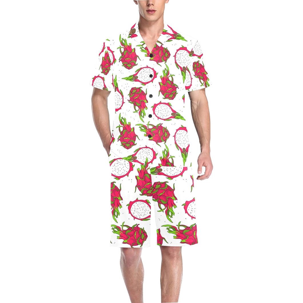 dragon fruits white background Men's V-Neck Short Pajama Set