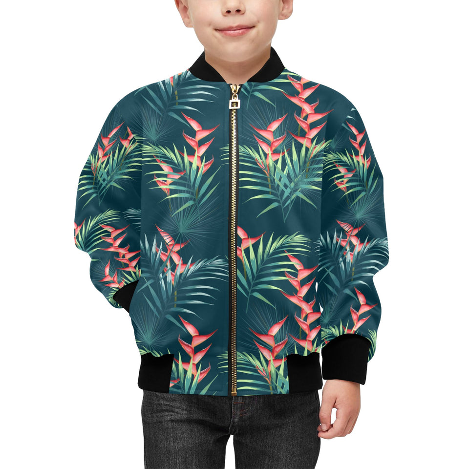 heliconia flowers, palm and monstera leaves on bla Kids' Boys' Girls' Bomber Jacket