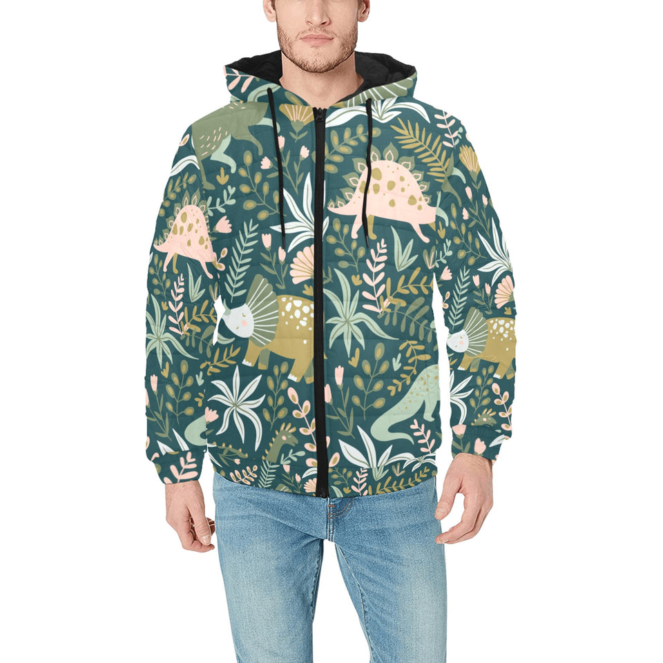 dinosaurs tropical leaves flower pattern Men's Padded Hooded Jacket