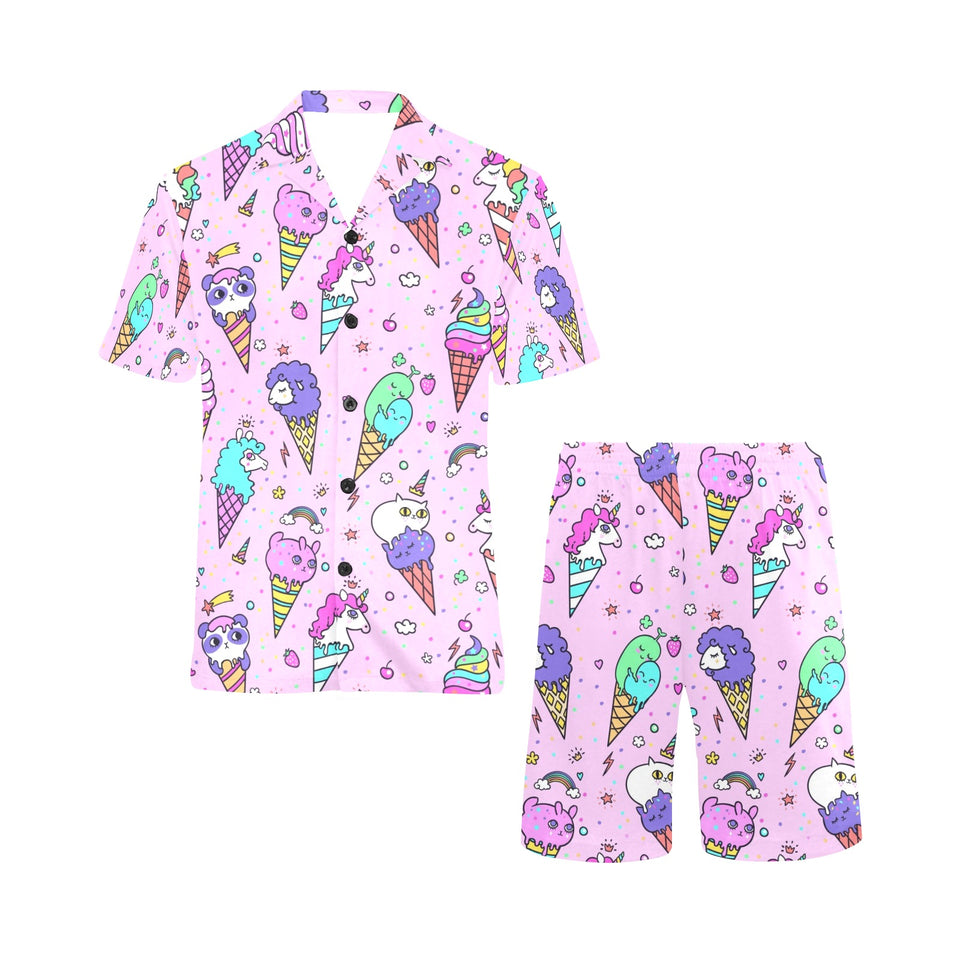 Cute ice cream cone animal pattern Men's V-Neck Short Pajama Set