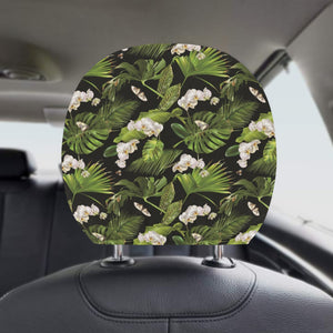White orchid flower tropical leaves pattern blackg Car Headrest Cover