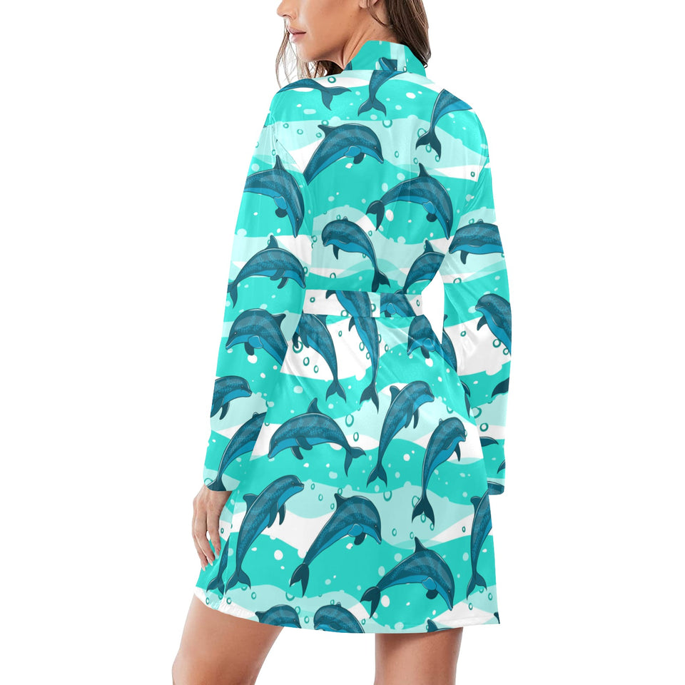 Dolphin sea pattern Women's Long Sleeve Belted Night Robe