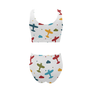 Airplane star cloud colorful Chest Bowknot High Waisted Bikini Swimsuit