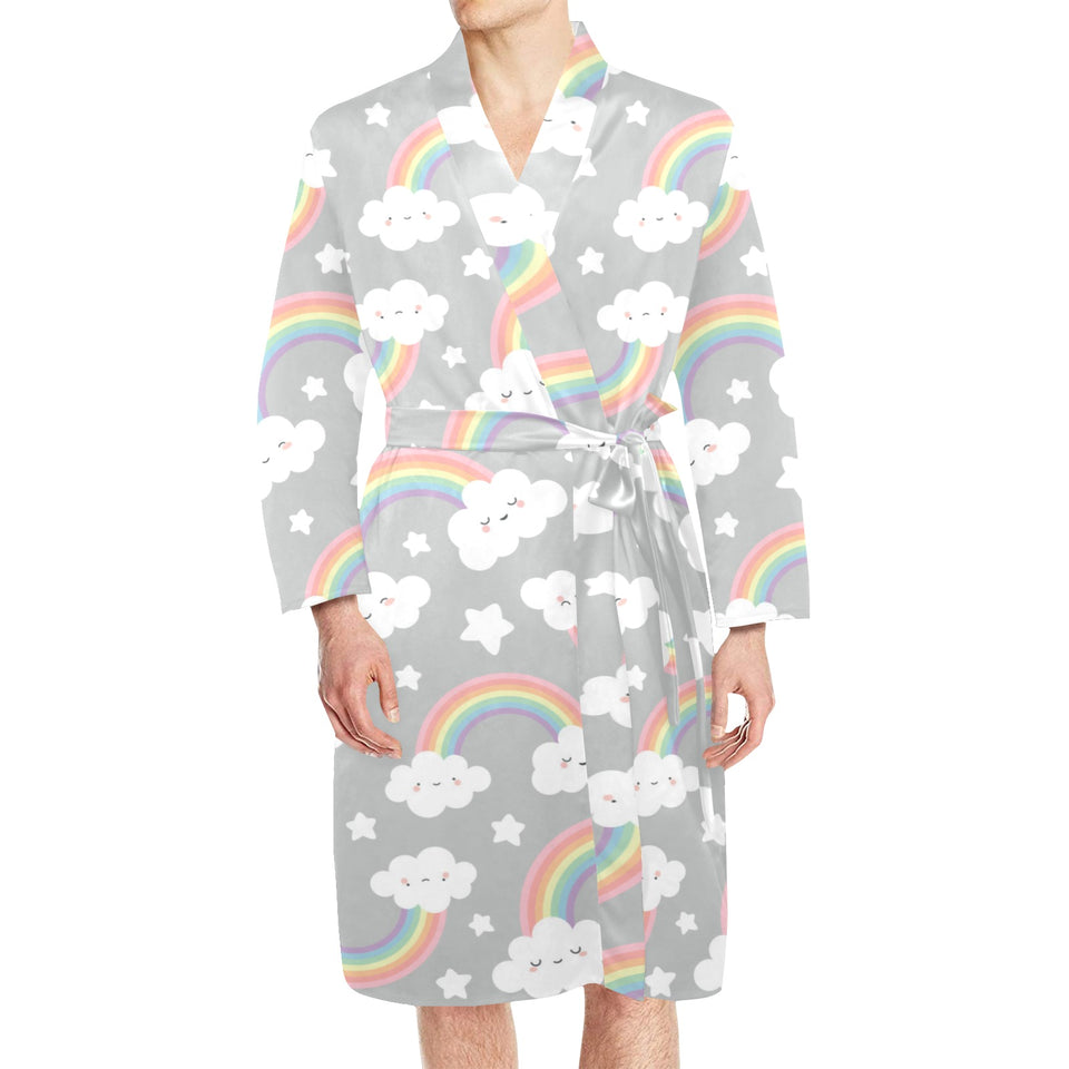 Cute rainbow clound star pattern Men's Long Sleeve Belted Night Robe