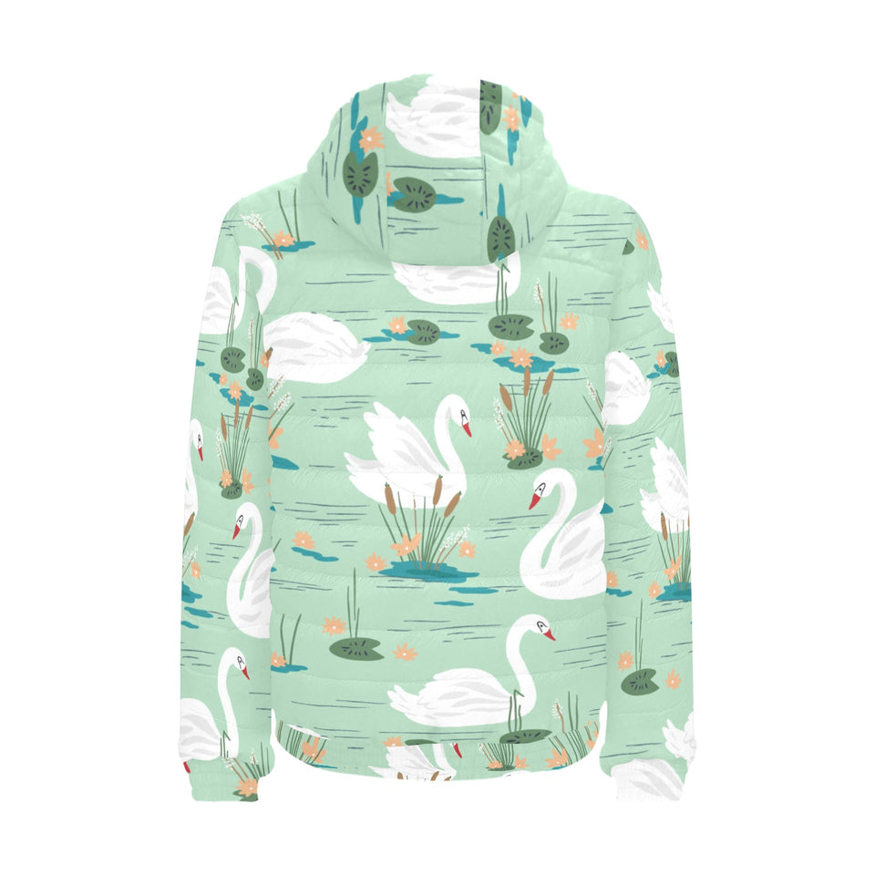 White swan lake pattern Men's Padded Hooded Jacket