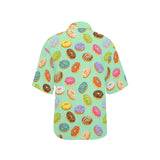 Colorful donut pattern green background Women's All Over Print Hawaiian Shirt