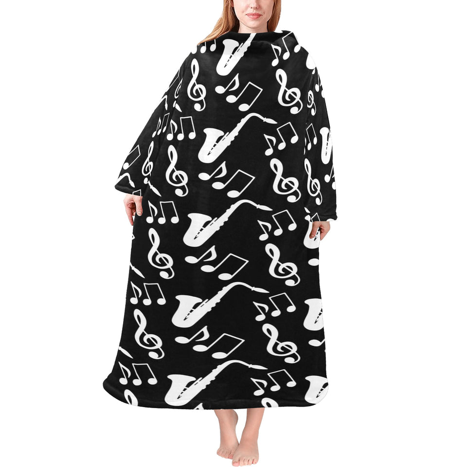 Saxophone music notes treble clef black white them Blanket Robe with Sleeves