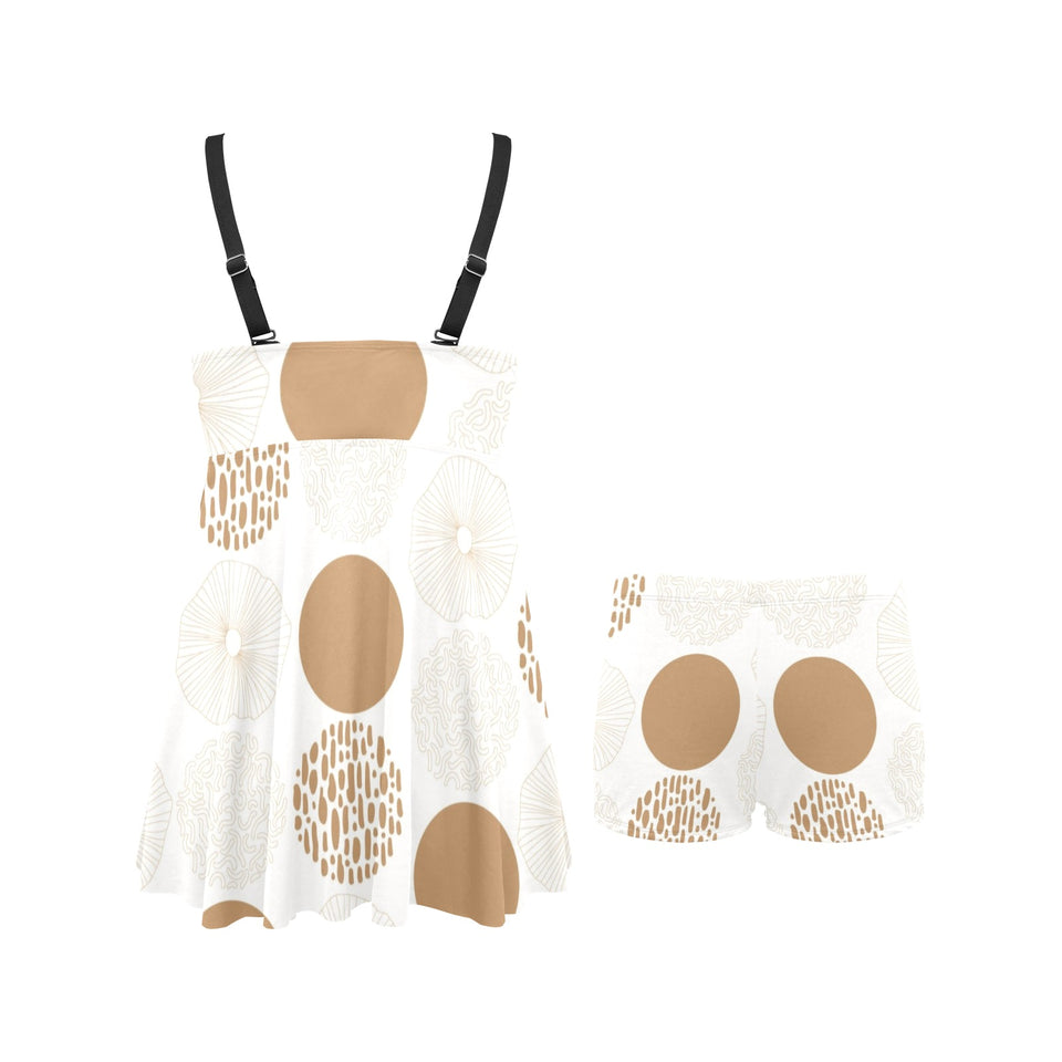 Gold Texture mushroom pattern Chest Sexy Pleated Two Piece Swim Dress
