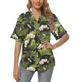 White orchid flower tropical leaves pattern blackg Women's All Over Print Hawaiian Shirt