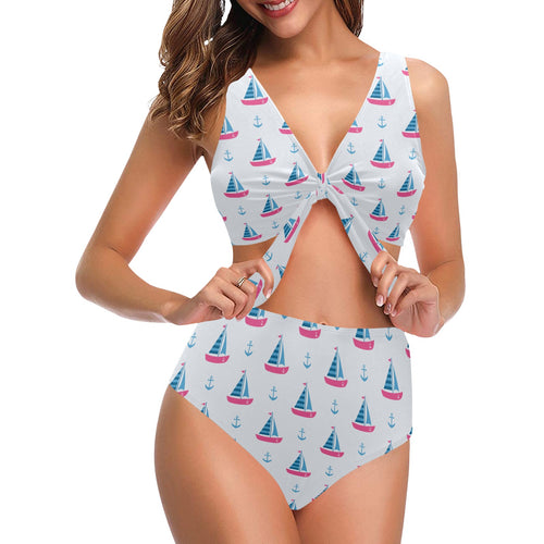 Sailboat anchor pattern Chest Bowknot High Waisted Bikini Swimsuit