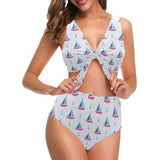 Sailboat anchor pattern Chest Bowknot High Waisted Bikini Swimsuit