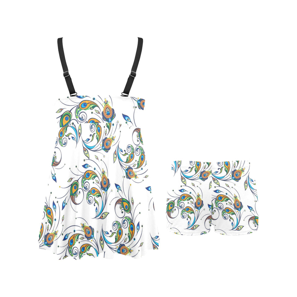 Peacock feather pattern Chest Sexy Pleated Two Piece Swim Dress