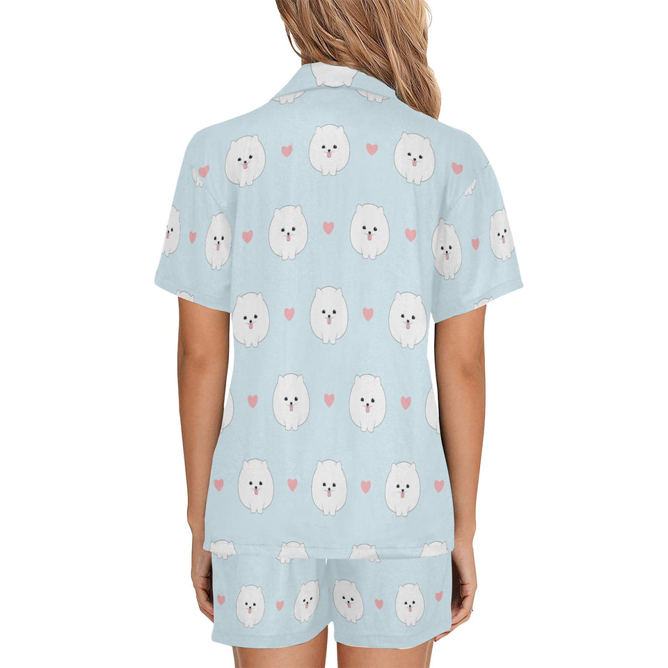 White cute pomeranian pattern Women's V-Neck Short Pajama Set
