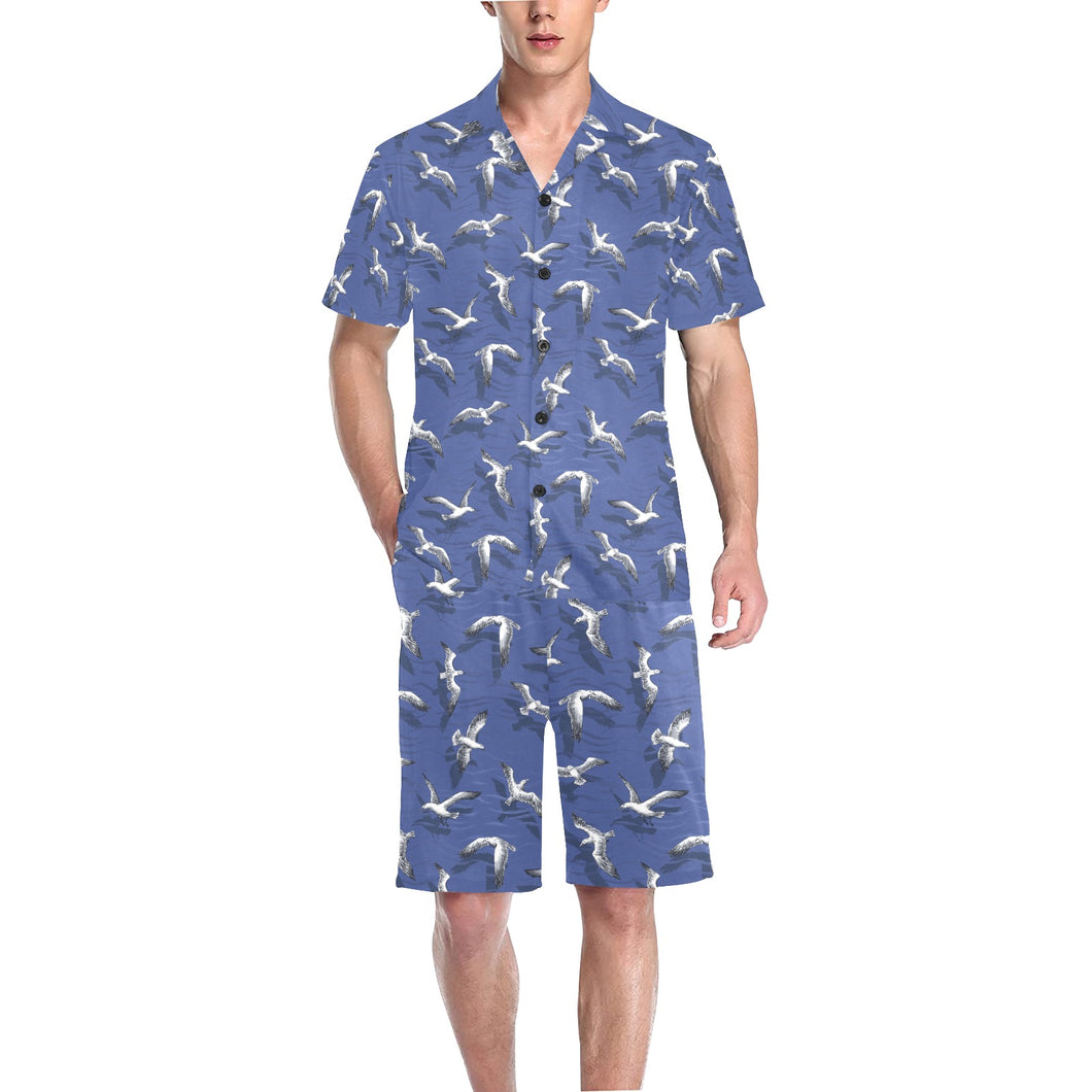 Seagull Pattern Print Design 03 Men's V-Neck Short Pajama Set