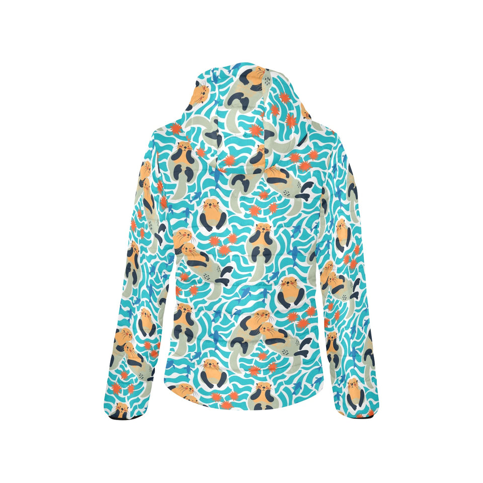 Cute sea otters fishe sea urchin pattern Women's Padded Hooded Jacket