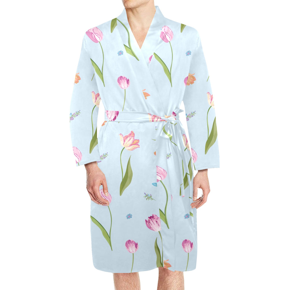 Watercolor Tulips pattern Men's Long Sleeve Belted Night Robe