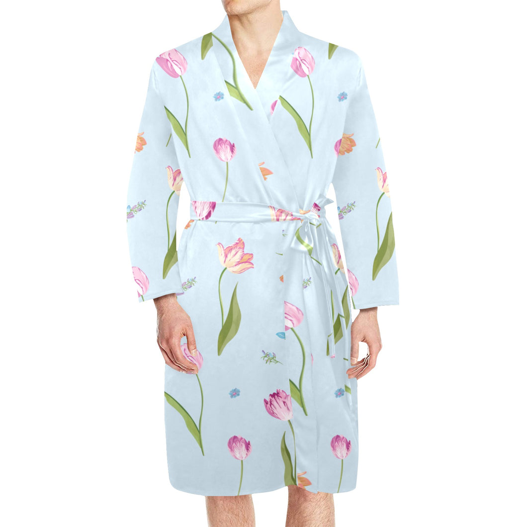 Watercolor Tulips pattern Men's Long Sleeve Belted Night Robe