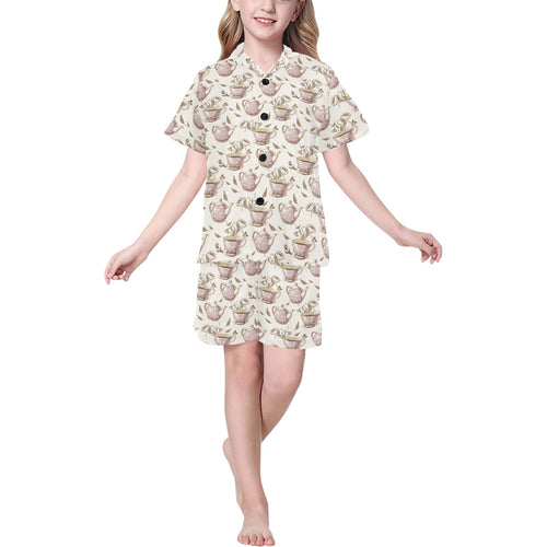 Tea pots Pattern Print Design 03 Kids' Boys' Girls' V-Neck Short Pajama Set