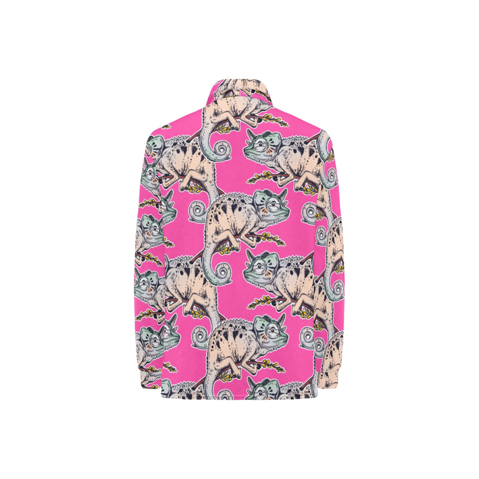 Chameleon lizard pattern pink background Women's Long Sleeve Polo Shirt