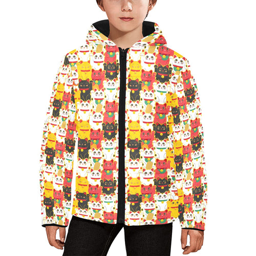 Colorful Maneki neko cat pattern Kids' Boys' Girls' Padded Hooded Jacket