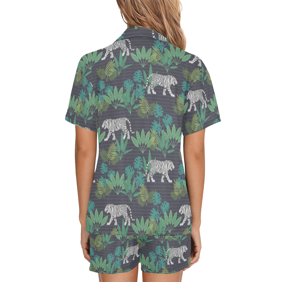 white bengal tigers tropical plant Women's V-Neck Short Pajama Set