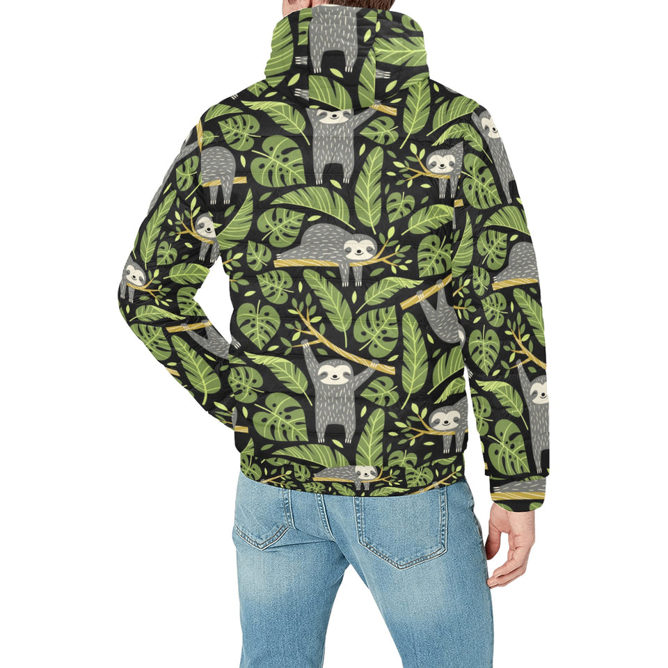 Cute sloths tropical palm leaves black background Men's Padded Hooded Jacket
