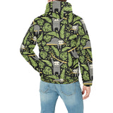 Cute sloths tropical palm leaves black background Men's Padded Hooded Jacket