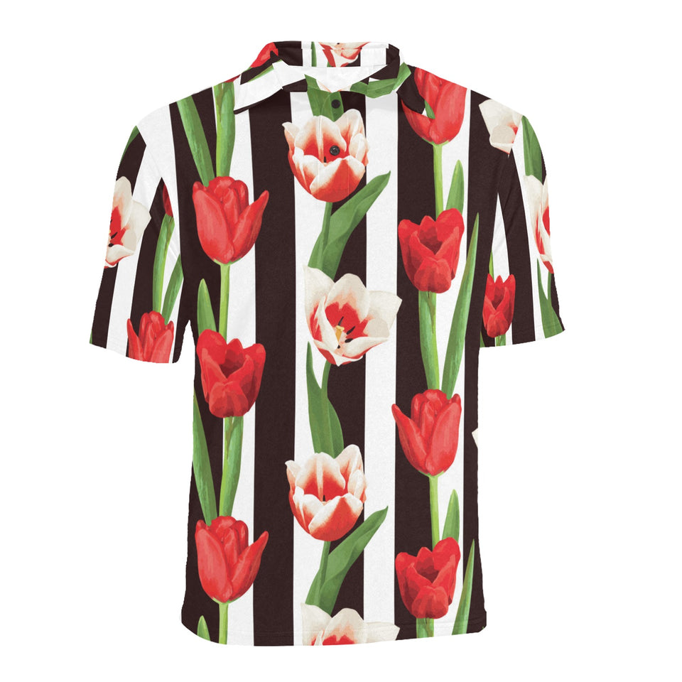 red and white tulips pattern Men's All Over Print Polo Shirt