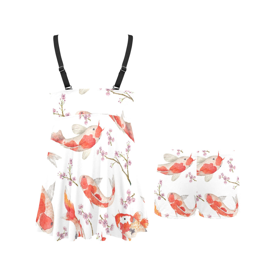 Watercolor Koi Fish Carp Fish pattern Chest Sexy Pleated Two Piece Swim Dress