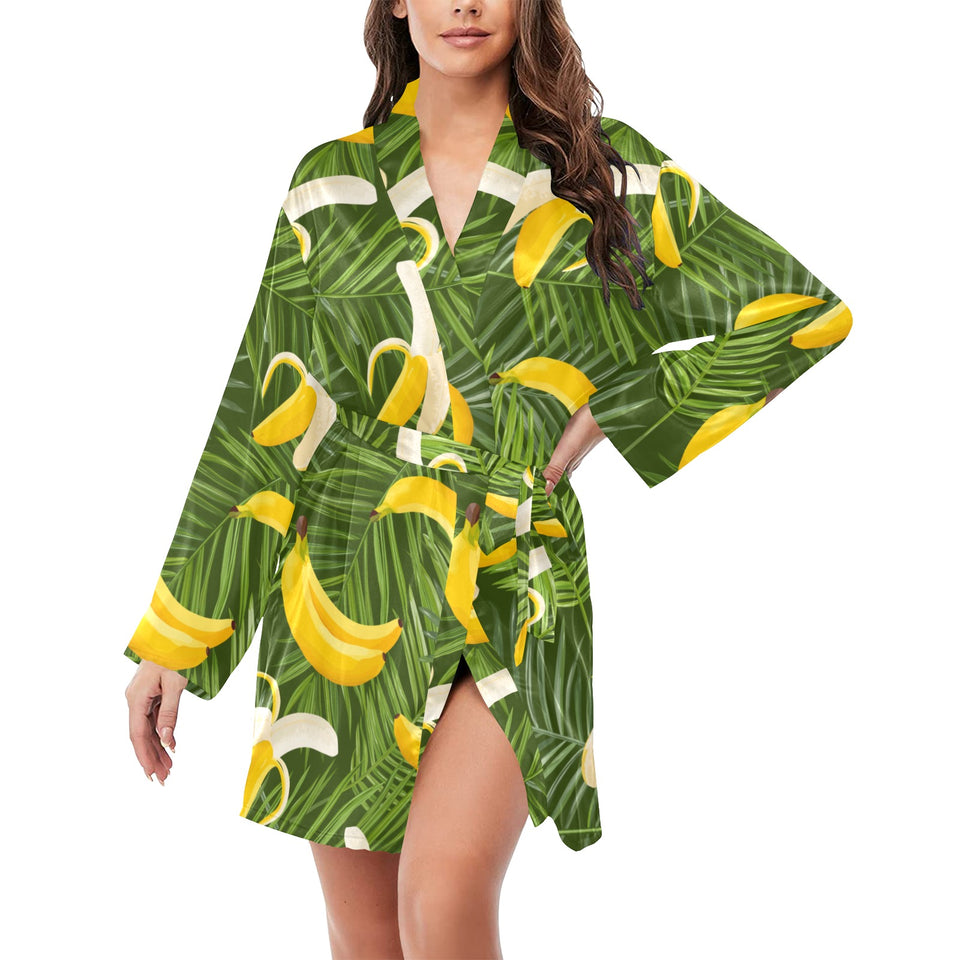 Banana Palm Leaves pattern Women's Long Sleeve Belted Night Robe