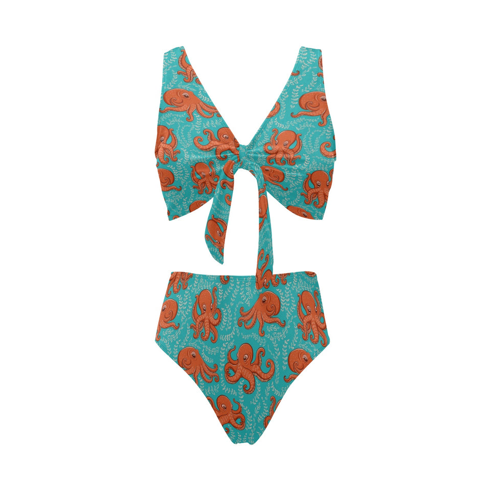 Octopus turquoise background Chest Bowknot High Waisted Bikini Swimsuit