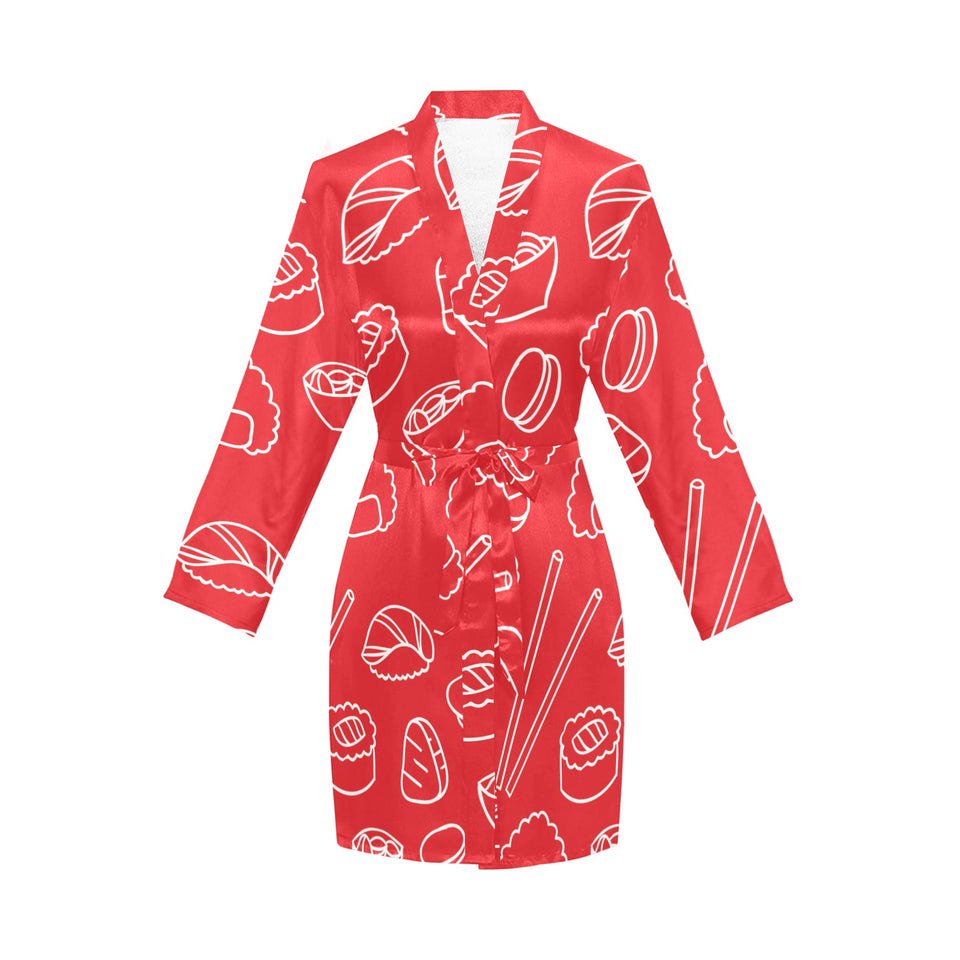 sushi pattern red background Women's Long Sleeve Belted Night Robe