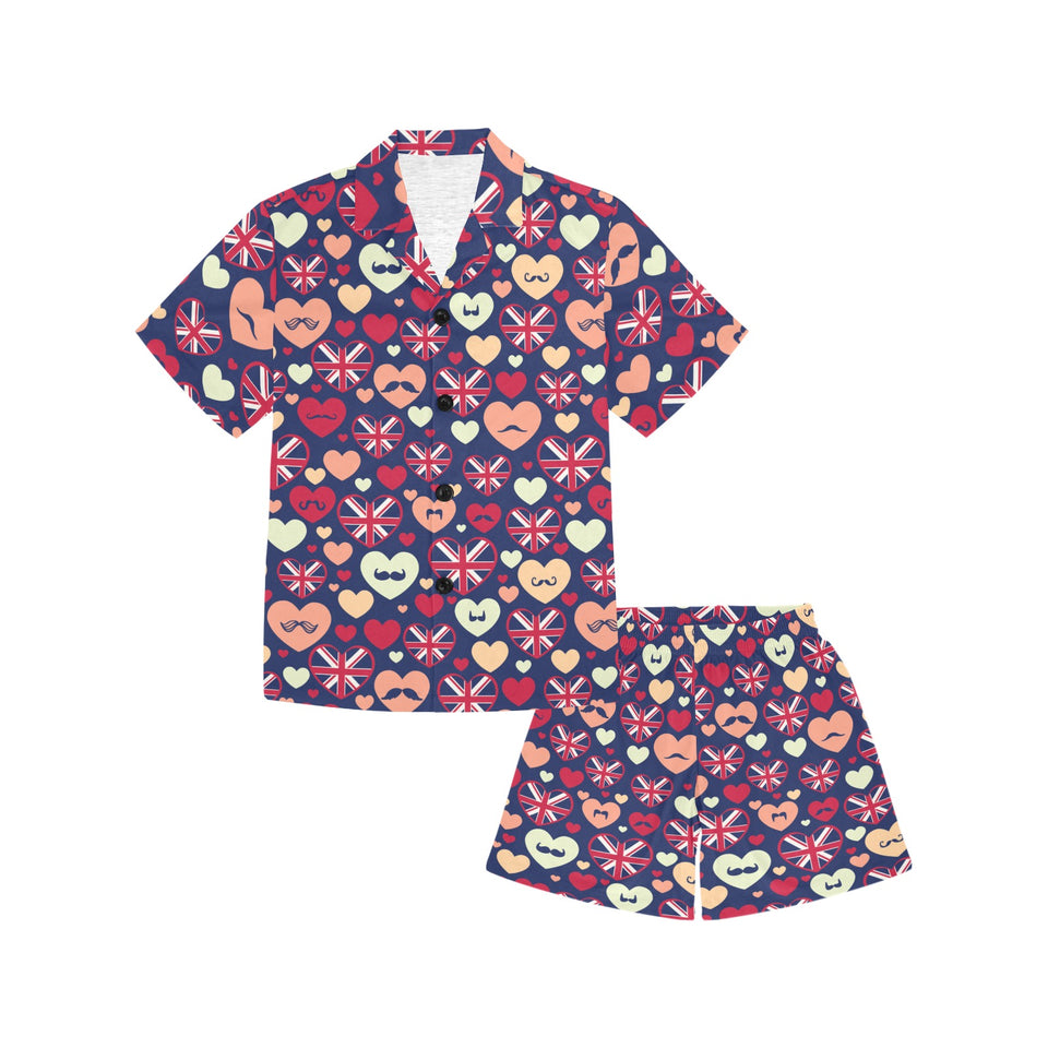 British Pattern Print Design 02 Kids' Boys' Girls' V-Neck Short Pajama Set