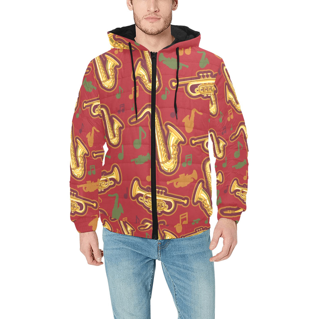 Saxophone cornet pattern red background Men's Padded Hooded Jacket