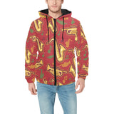 Saxophone cornet pattern red background Men's Padded Hooded Jacket