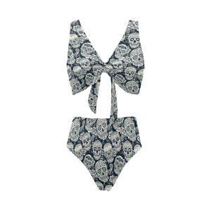 Sugar skull black white pattern Chest Bowknot High Waisted Bikini Swimsuit