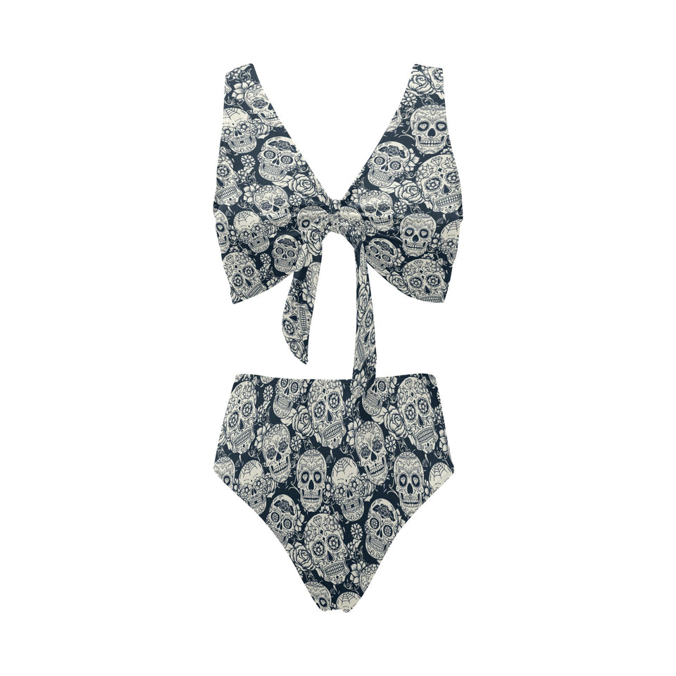 Sugar skull black white pattern Chest Bowknot High Waisted Bikini Swimsuit