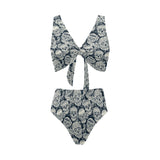 Sugar skull black white pattern Chest Bowknot High Waisted Bikini Swimsuit