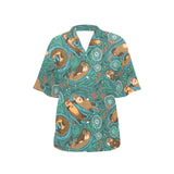 cute brown sea otters ornamental seaweed corals gr Women's All Over Print Hawaiian Shirt