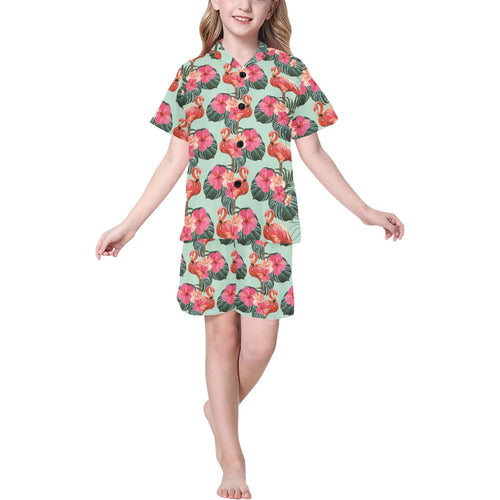 Beautiful flamingo tropical palm leaves hibiscus p Kids' Boys' Girls' V-Neck Short Pajama Set