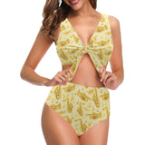 Saxophone cornet pattern yellow background Chest Bowknot High Waisted Bikini Swimsuit