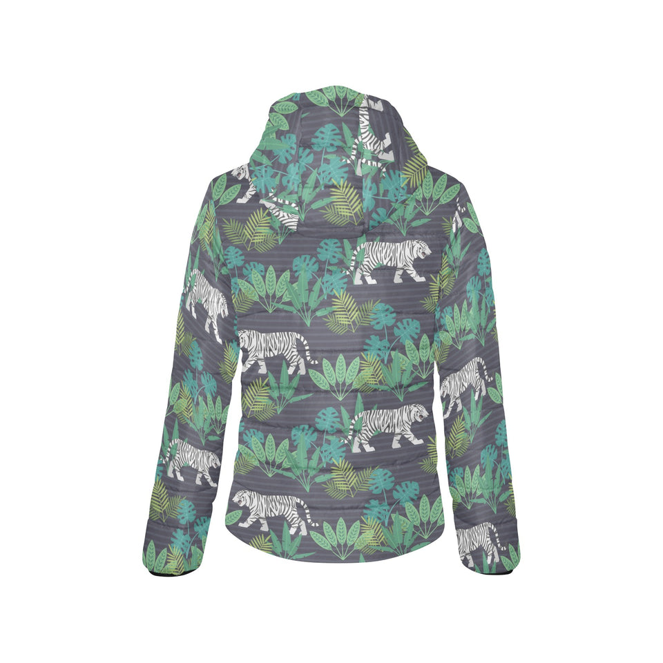 white bengal tigers tropical plant Women's Padded Hooded Jacket