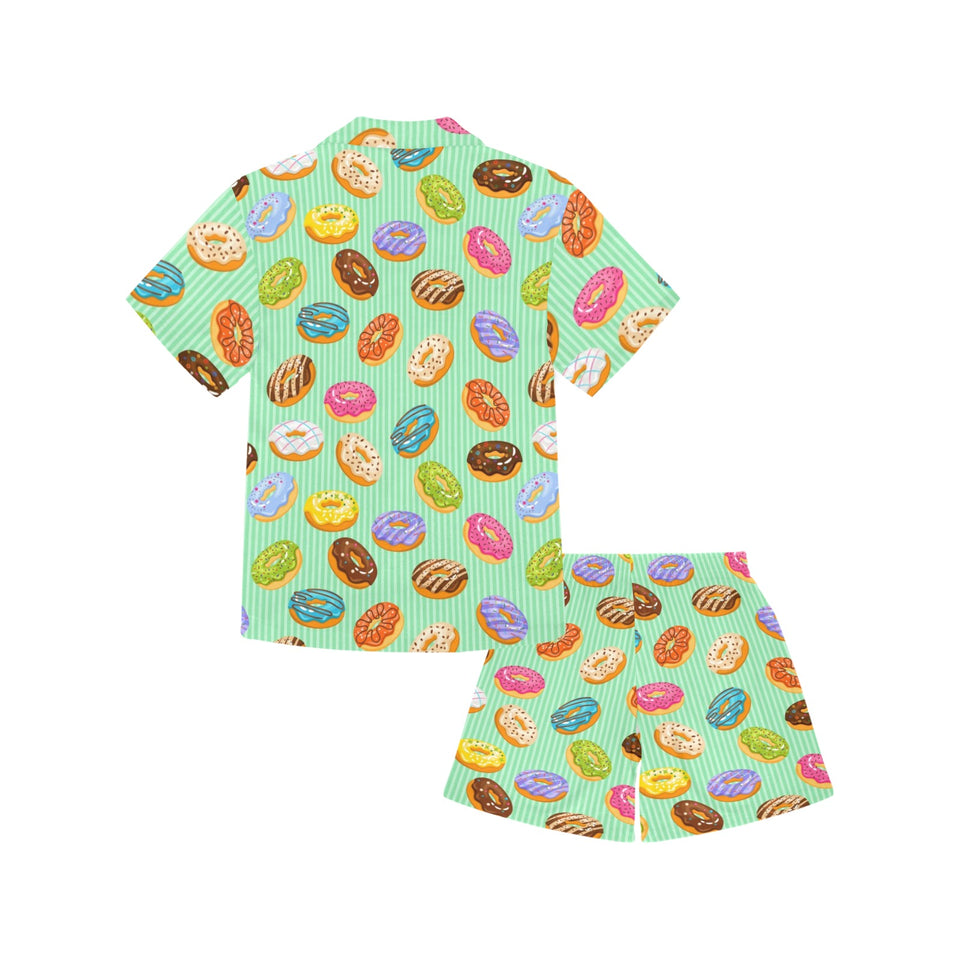 Colorful donut pattern green background Kids' Boys' Girls' V-Neck Short Pajama Set